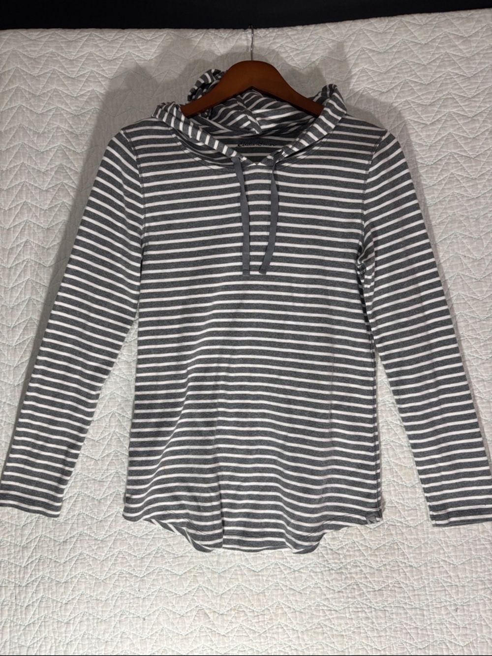 Eddie Bauer Gray and White Striped Hooded Pullover